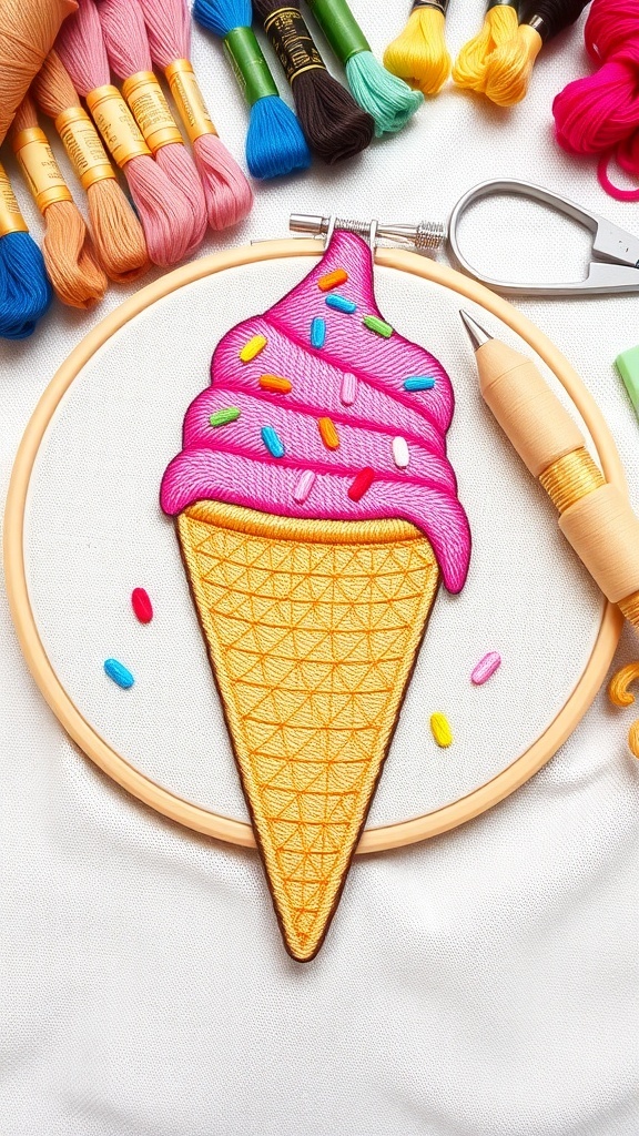 Whimsical ice cream cone embroidery design with colorful threads and stitching tools.